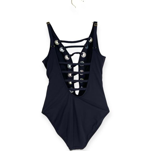 Bleu Rod Beattie Mio Black Rainbow Lattice Criss Cross Plunge Cut Out Swimsuit 6 - Picture 5 of 10